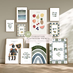 May include: A set of framed Christian playroom prints with inspirational quotes and illustrations. The prints feature fruits, and the armour of God. The colour scheme includes green, blue, and brown. The text "Christian Playroom Prints" is visible.