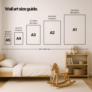 The image is a wall art size guide for a bedroom, providing dimensions for different wall art pieces.