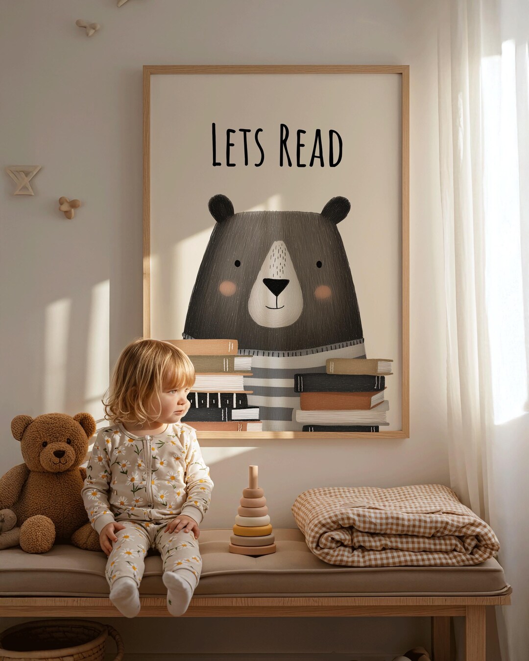 Lets Read Kids Reading Corner, Book Nook Wall Art With Bear and Books ...