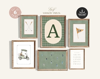 Vintage Golf Nursery Prints: Green Watercolor, Plaid Name Initial (Set of 6 Digital Downloads)