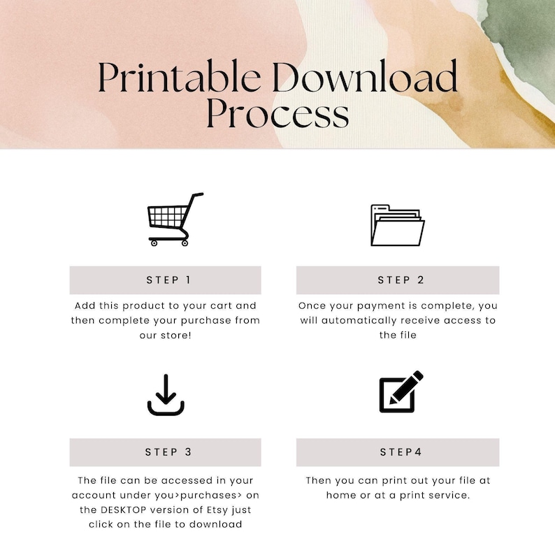 The image is a step-by-step guide for the printable download process, with icons and text to guide the user through the process.