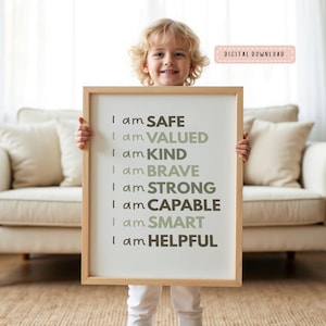 Kids Positive Affimation Mindfullness Poster, Sage Green Wall Art, Calm Down Corner (Digital Download)