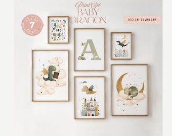 Baby Dragon Nursery Prints and Name Initial Print Set, Fantasy Wall Art, Watercolour Mythical Kids Room Decor,