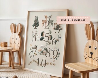Whimsical Woodland Numbers Print: Nature Animals Educational Poster, Sage Green Playroom,  Classroom,  Wall Art  (Digital Download)