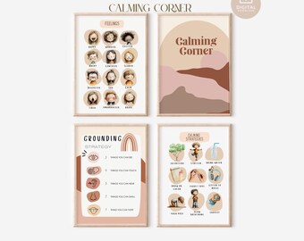 Calm Corner Poster Set of 4, Feelings Chart, Calming Strategies, Kids Emotional Regulation, Boho Earth Tones (Digital Download)