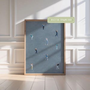 a framed collage of nine small figures, each engaged in a different action, set against a blue background.