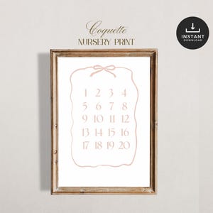 Impresión de lazo rosa vintage, tabla de números, arte de pared para guardería, decoración de habitación de niña, descarga imprimible, aritmética, póster educativo, digital