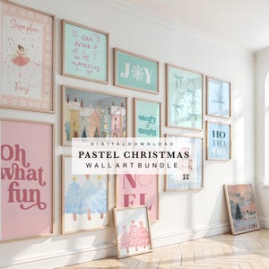パステルカラーのクリスマスウォールアートセット、気まぐれなキャンディランドのくるみ割り人形シュガープラムピンクのプリントセット（デジタルダウンロード）
