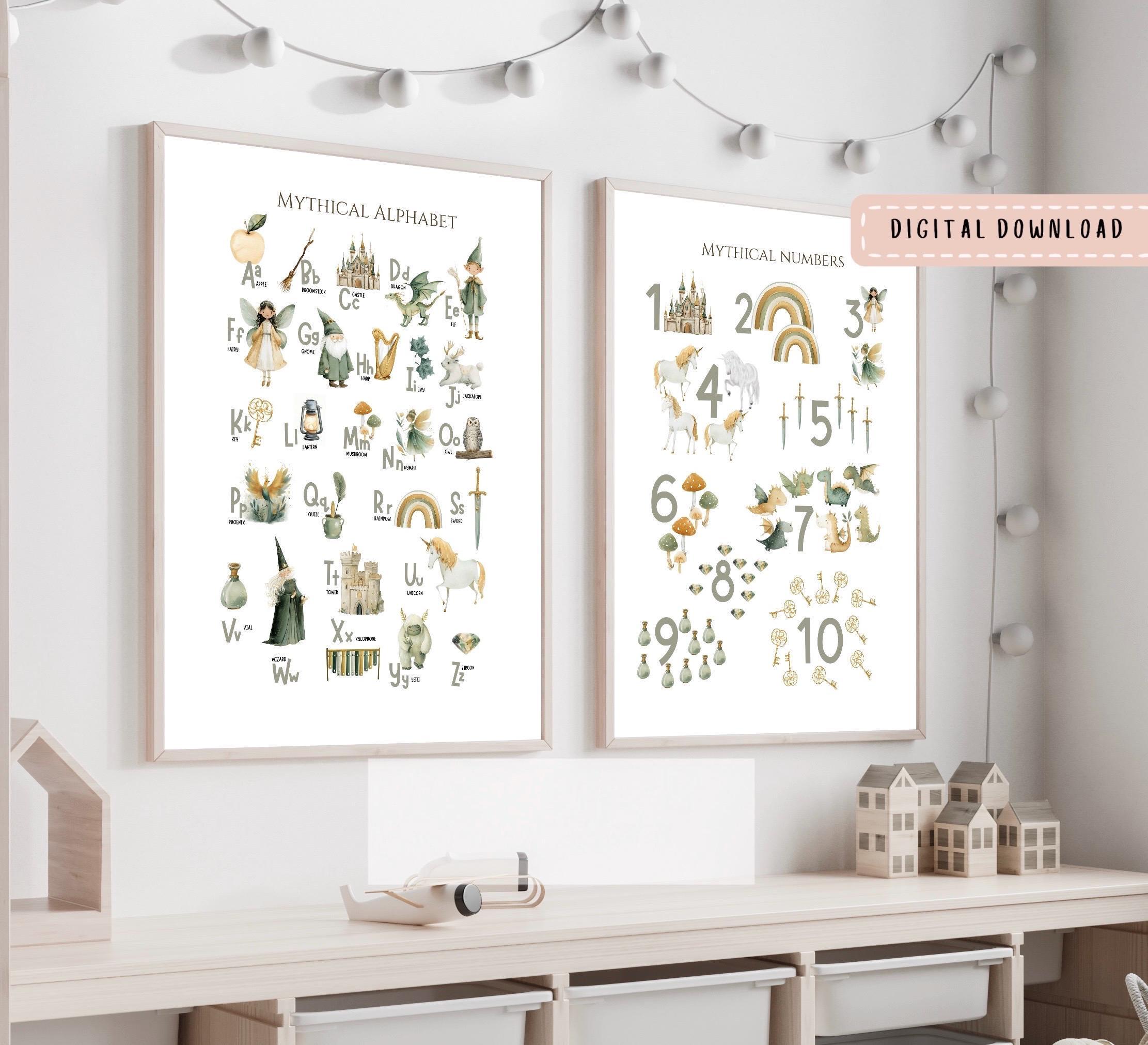 Mythical Numbers and Alphabet Watercolor Print: Fantasy Nursery Decor ...