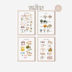 Farm Poster Set of 4:  Farmyard Alphabet, Numbers, Colors, Seasons Educational Wall Art, Nursery, Playroom, Classroom (Digital Download)
