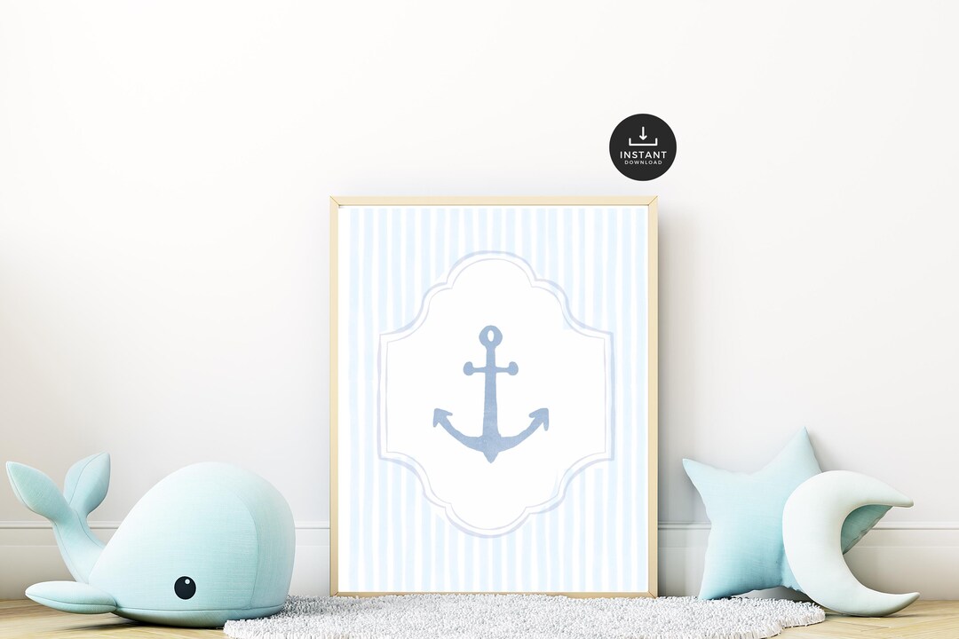 Nautical Anchor Nursery Print: Blue Watercolor Stripes (digital ...