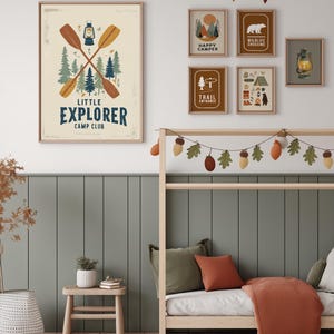 Pósteres retro de camping y senderismo, láminas infantiles con temática de naturaleza al aire libre, decoración infantil de parques nacionales, pequeño explorador (digital) imagen 2
