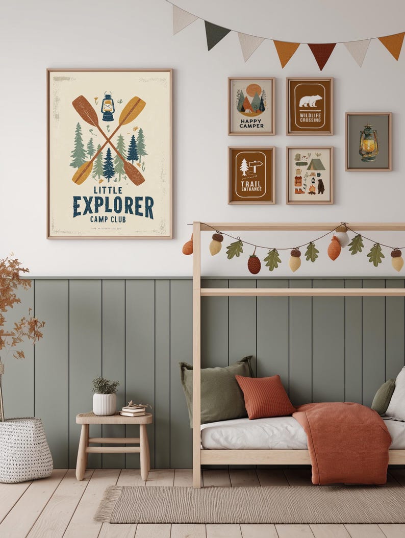 Pósteres retro de camping y senderismo, láminas infantiles con temática de naturaleza al aire libre, decoración infantil de parques nacionales, pequeño explorador (digital) imagen 2