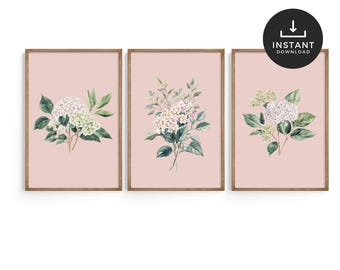 Hydrangea Print Set in Pink, Nursery and Girls Room Wall Art, Cottagecore, Grandmillenial, Vintage Nursery Art,  Floral Downloadable Print,