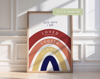Christian Playroom God Says I Am | Printable Bible Wall Art | Nursery & Kids Room Scripture Prints | Digital Download