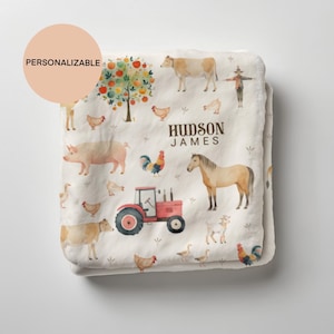 Farm Animal Custom Name Blanket, Personalized Baby Gift, Farmyard Nursery, Goose, Cow, Horse, Chicken, Tractor, Country Kids Room Decor,