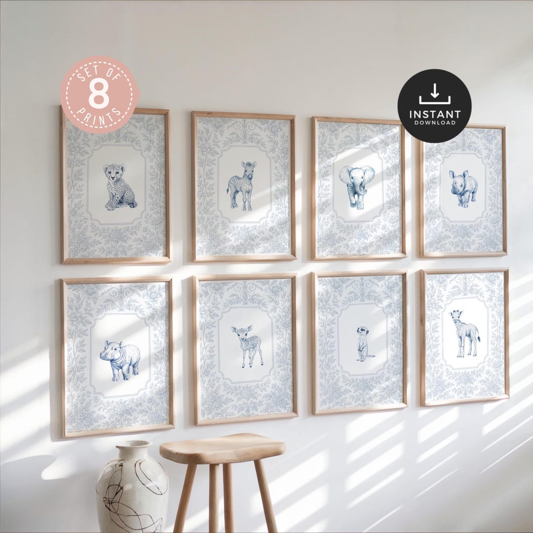 Set of Blue Toile De Jouy Safari Prints, Vintage French Nursery ...