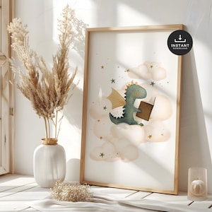Baby Dragon Nursery Print, Fantasy Mythical Wall Art,  Kids Room Decor, Reading Nook Poster, Digital Download, Watercolour Teal and Gold,