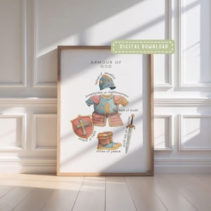 Armour of God Print, Scripture Nursery, Kids Bible Verse Wall Print, Christian Playroom, Sunday School Poster  (Digital Download)