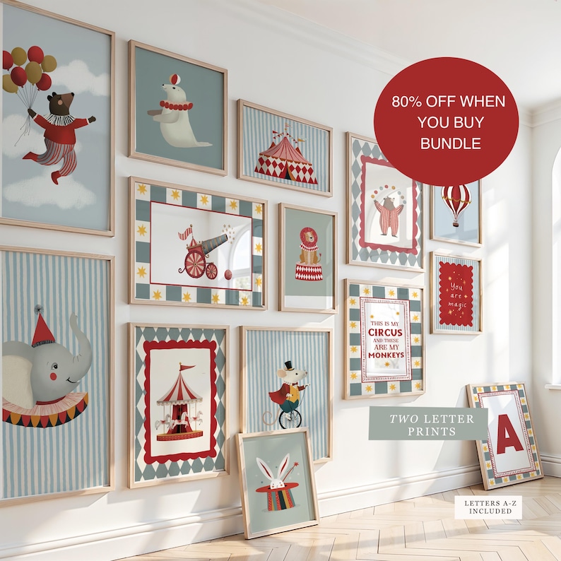The image is a wall display featuring a collection of circus-themed artwork, including circus tents, animals, and circus performers. The artwork is arranged in a grid-like pattern, with each piece depicting a different circus scene. The wall is decorated with a variety of circus-related imagery, creating a vibrant and lively atmosphere.