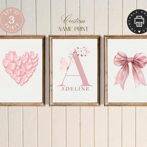 Custom Initial Name Print, Set of 3, Dusty Rose, Personalised Nursery, Pink Girls Room Decor,  Coquette Bow, Watercolour, Hearts,
