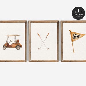 Vintage Golf Nursery Wall Art, Set of 3 Watercolour Prints, Golf Nursery, Boys Room Decor, Tan Brown, Vintage Nursery, Grandmillenial style