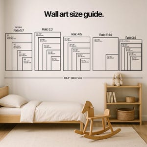 The image is a wall art size guide for a bedroom, providing dimensions for different wall art sizes.