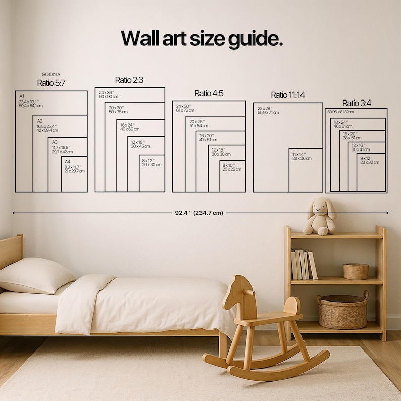 The image is a wall art size guide for a bedroom, providing dimensions for different wall art sizes.