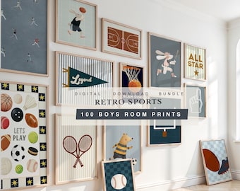 May include: A collection of framed wall art prints featuring various sports themes, including illustrations of basketball, baseball, football, and tennis equipment. The prints display text such as 'Legend', 'ALL STAR', 'LETS PLAY', 'DIGITAL DOWNLOAD BUNDLE', 'RETRO SPORTS', and '100 BOYS ROOM PRINTS'.