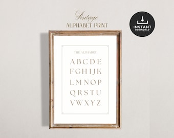 Vintage ABC Alphabet Print, Beige Neutral Colour, Nursery Wall Art, Gender Neutral Decor, Printable Download, Letters, Educational Poster,