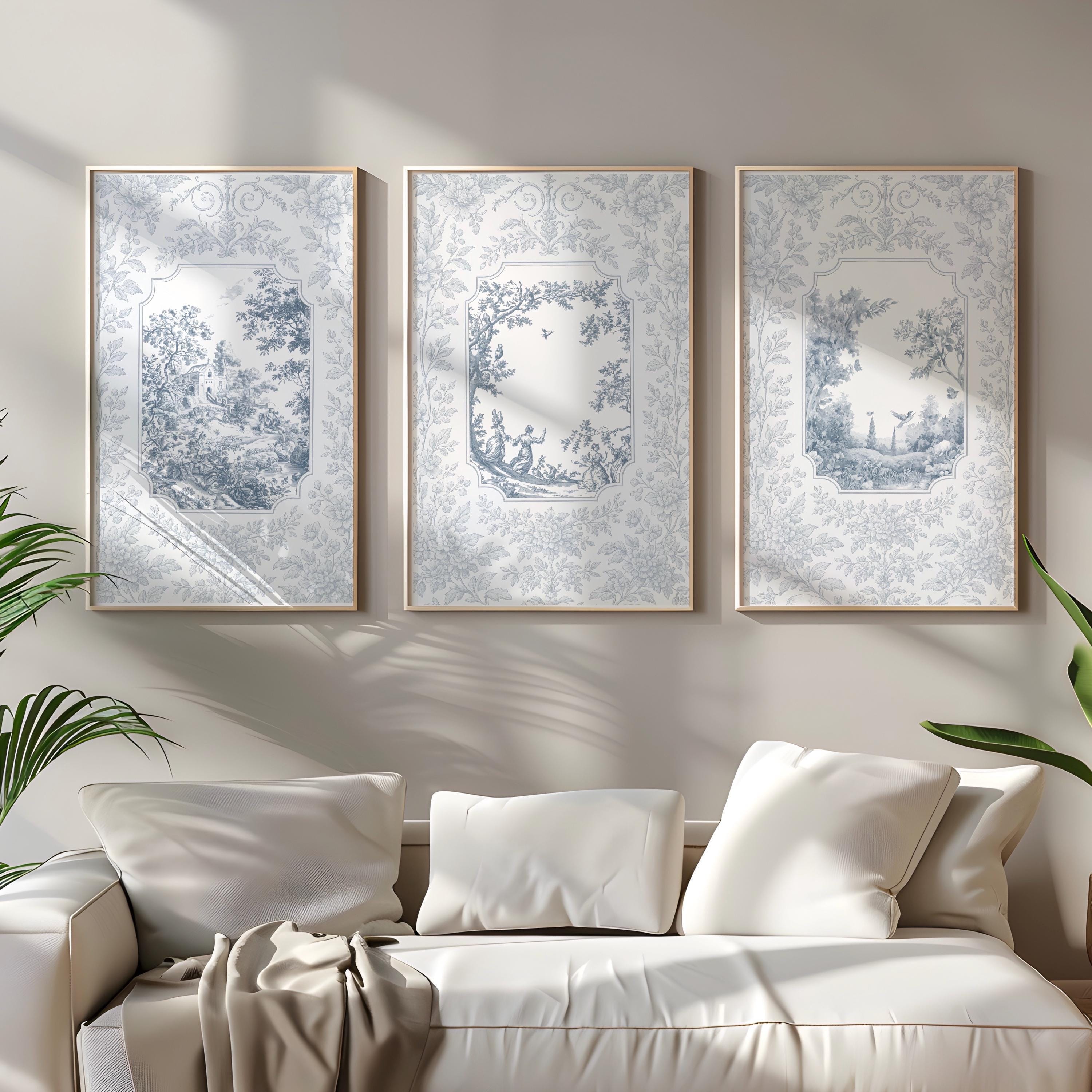 Set of 3 Blue Toile De Jouy Prints, Vintage French, Cottage Theme Wall ...