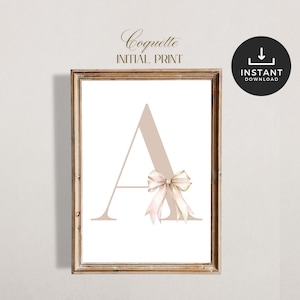 Coquette Bow Initial Letter Print, Vintage Bow Wall Art for Baby Girls Room Wall Art, Personalised Decor, Neutral, Pastel Pink, PRINTABLE