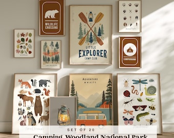 Pósteres retro de acampada y naturaleza, láminas infantiles de animales del bosque, huellas de animales, arte de insectos, decoración para habitaciones de niños con temática de parques nacionales (digital).