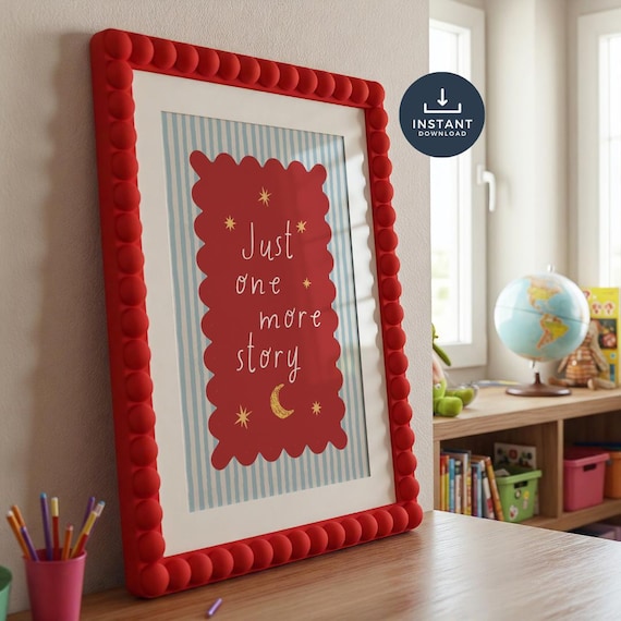 Just One More Story Wall Print, Whimsical Nursery Decor, Vintage Carnival Playroom Prints,  Red and Blue, (Digital Download)