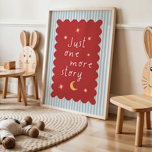 A room with a large poster featuring a rabbit and the text "Just one more story" in the center, surrounded by wooden chairs and a rug.
