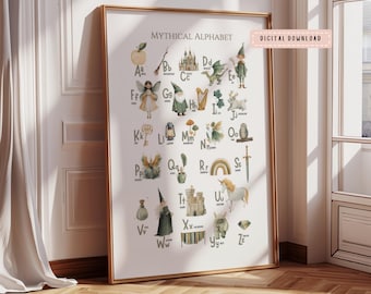 Impresión de acuarela del alfabeto mítico: Decoración infantil con el alfabeto de fantasía (descarga digital)