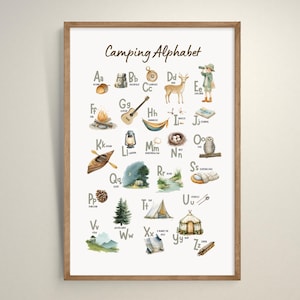 Alphabet Druck, Camping Wandern, Natur Thema Wandkunst, druckbare Wasserfarbe, ABC Buchstaben, Lernposter, Wald