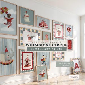Puede incluir: Una colección de impresiones artísticas enmarcadas con un tema de circo caprichoso. Las impresiones presentan ilustraciones de animales de circo, carpas y globos en una paleta de colores suaves de azul, rojo y beige. El texto "WHIMSICAL CIRCUS" y "18 WALL ART PRINTS" son visibles.