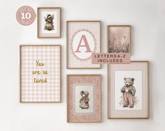 Vintage Girls Nursery Art Set, Cottagecore Print Set, Toddler Room Decor, Whimsical Storybook Kids Wall Digital Prints, Initial Letter