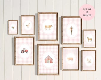 Girls Room Farm Prints, Pink Gingham and Watercolour Animal Wall Art, Vintage Cottagecore Nursery Decor (Digital Download Set of 12)
