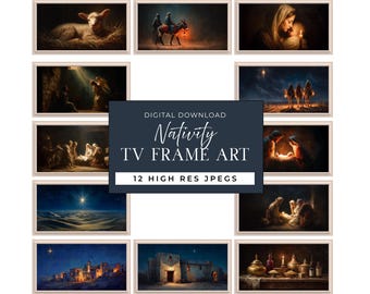 Pode incluir: Uma coleção de doze impressões de arte digital emolduradas retratando cenas da Natividade. A obra de arte apresenta um cordeiro, os três reis magos e a Sagrada Família. O texto "Nativity TV Frame Art" é exibido.