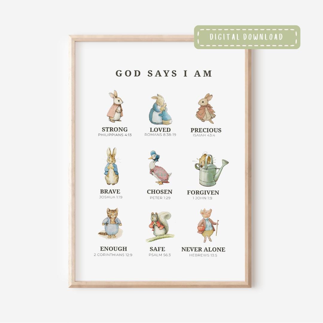 Peter Rabbit Christian Nursery Wall Art, God Says I Am Scripture ...