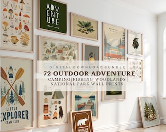 Decoración de pared con temática de aventuras al aire libre, pósteres retro de campamento, láminas para habitaciones infantiles con motivos de pesca, senderismo y bosques, decoración de parques nacionales, para pequeños exploradores (digital).