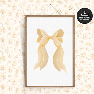 Coquette Bow Print, Watercolour, Butter Yellow Nursery, Vintage Wall Art, Girls Room Decor, PRINTABLE DOWNLOAD, Baby Shower Gift,