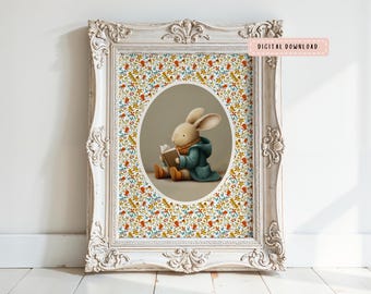 Vintage Floral Reading Corner Book Nook Wall Print, Cottagecore Rabbit Reading llustration, Nursery Art (Digital Download)