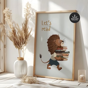 Lässt Lesen Kinder Leseecke Buch Nook Wandkunst Mit Löwen Illustration (Digitaler Download)