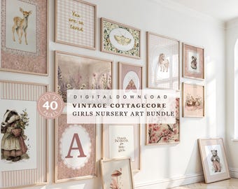 Vintage Girls Nursery Art Bundle, Cottagecore Print Set, Toddler Room Decor, Whimsical Storybook Kids Wall Digital Prints, Initial Letter