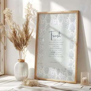 Trust in the Lord , Proverbs 356, Christian Scripture Printable, Dusty Blue Toile De Jouy, Bible Verse, Nursery Wall Art, Baby Shower Gift