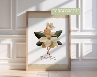 Blumenfee mit neutraler cremefarbener Jakobsmuschel als Deko fürs Kinderzimmer, für Mädchen oderzimmer Deko (digitaler Download)