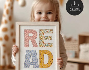 Kids Reading Corner Typography Print, Cottage Core Floral Book Nook Wall Art (Digital Download)